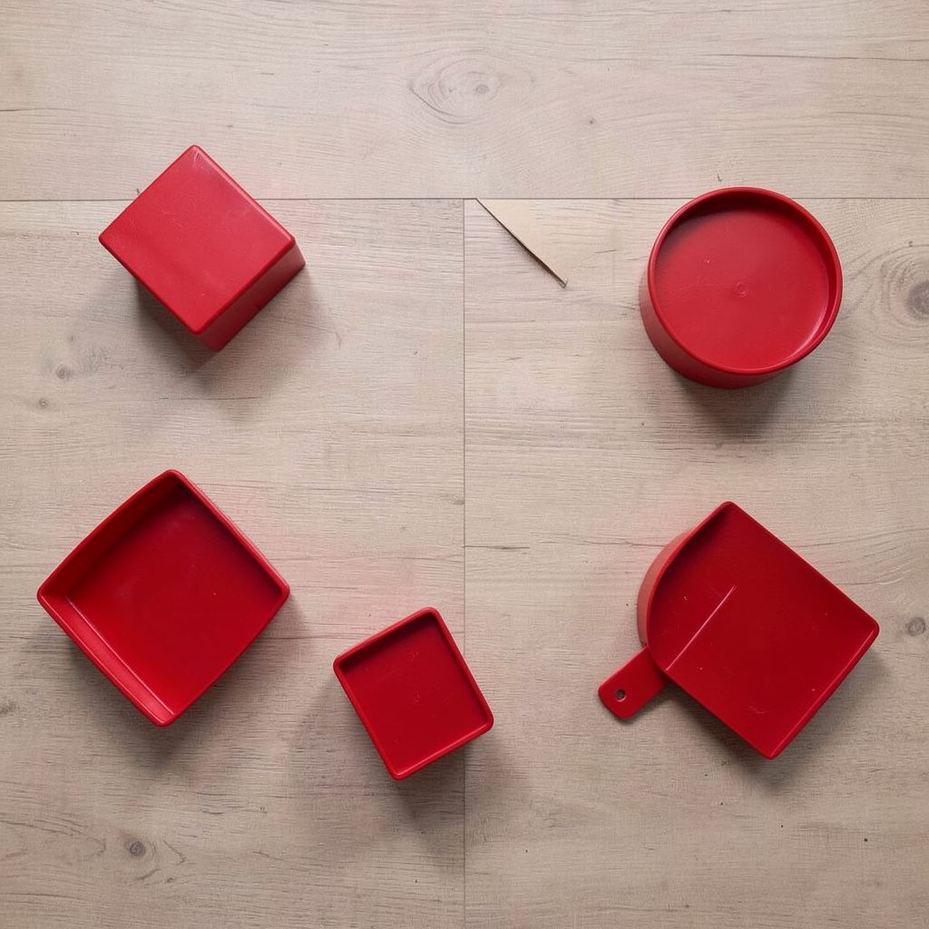 Overhead flat-lay of dark composite board sections and trim pieces on a neutral surface